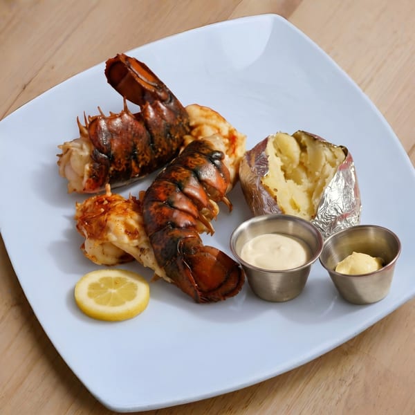 Two grilled lobster tails, a foil-wrapped baked potato, lemon slice, and two dipping sauces on a white plate.